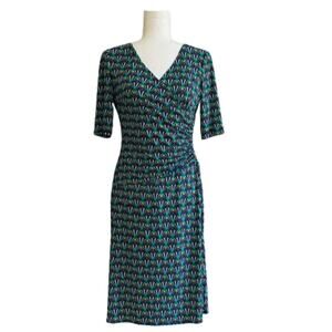 Evan Picone Dress Teal Green Purple Print Short Sleeve Faux Wrap Ruched Size 4